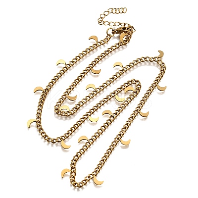 304 Stainless Steel Twisted Chain Necklaces with Moon Charm Tassel NJEW-R023-08G-1