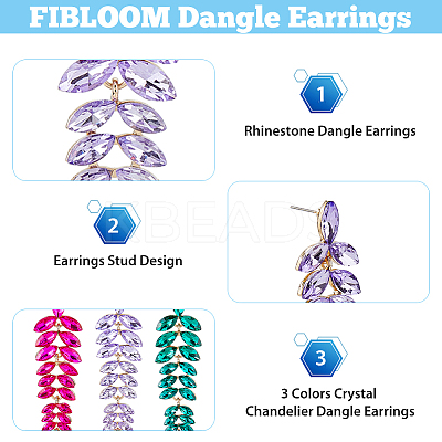 3 Pairs 3 Colors Rhinestone Leaf Cluster Earrings EJEW-FI0002-70-1
