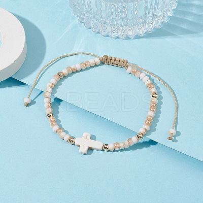 Cross Synthetic Turquoise & Glass Braided Bead Bracelets BJEW-JB09876-1
