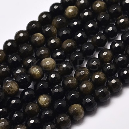 Faceted Round Natural Golden Sheen Obsidian Beads Strands G-I176-39-6mm-1
