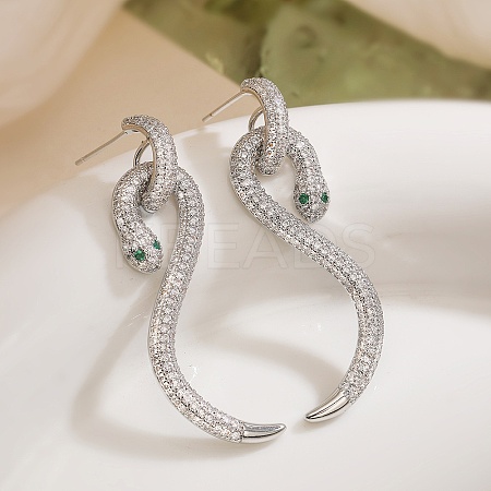 Snake Brass Cubic Zirconia Dangle Stud Earrings for Women EJEW-F367-01B-P-1