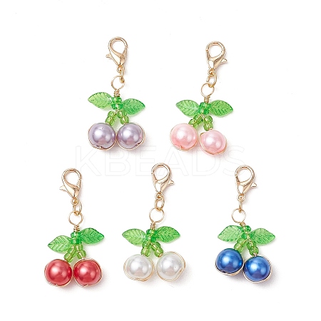 5Pcs 5 Colors Cherry Copper Wire Wrapped Glass Pearl Pendant Decorations HJEW-JM03024-01-S-1