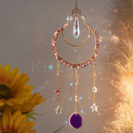 Moon Iron & Natural Amethyst Chip Pendant Decorations AJEW-Q143-09-1