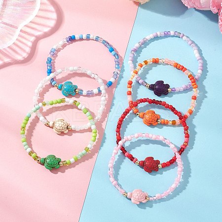 7Pcs Dyed Synthetic Turquoise & Electroplate Non-magnetic Synthetic Hematite Beads Stretch Bracelets BJEW-JB13428-1
