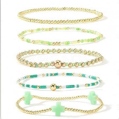 5Pcs 5 Styles Handmade Brass & Glass Beads Stretch Bracelet Set OI0028-6-1