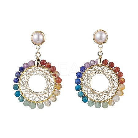 Chakra Copper Wire Wrapped Gemstone Stud Earring EJEW-TA00483-1