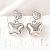 Heart with Butterfly Brass Micro Pave Clear Cubic Zirconia Dangle Stud Earrings EJEW-Z099-01P-1