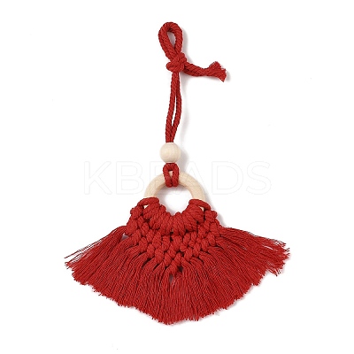 Handmade Macrame Nylon Thread Pendant Decorations with Wood Beads HJEW-P019-03C-1