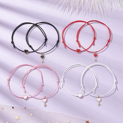 8Pcs 8 Style Heart & Skeleton Key Alloy Enamel Braided Bead Bracelets Set BJEW-JB09771-S-1