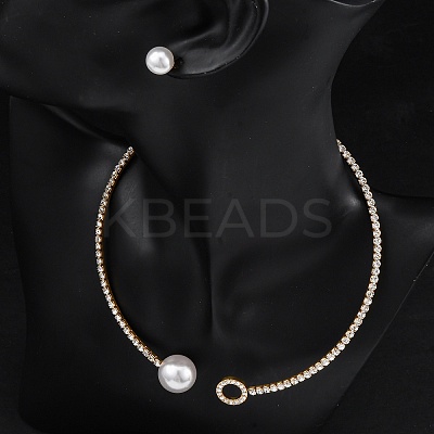Round Plastic Imitation Pearl Stud Earrings & Cubic Zirconia Rhinestone Cuff Choker Necklaces Sets SJEW-U003-05G-1