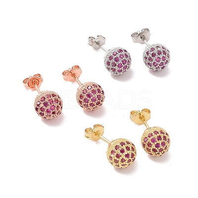 Hot Pink Cubic Zirconia Disco Ball Stud Earrings EJEW-C030-02-1