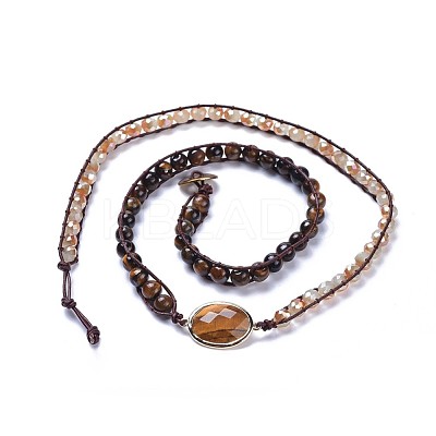 Three Loops Natural Tiger Eye Beads Wrap Bracelets BJEW-JB04247-02-1