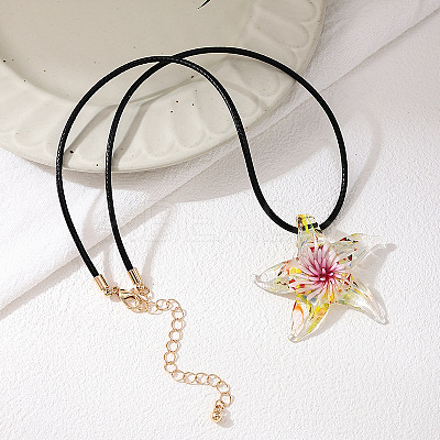 Summer Beach Starfish Transparent Glass Pendant Black Waxed Cord Necklaces for Women FS-WG29C72-02-1