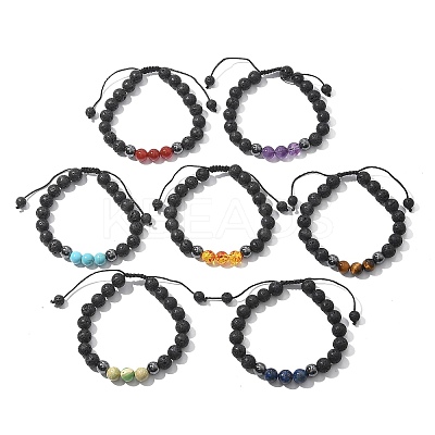 Natural Lava Rock and Non-Magnetic Synthetic Hematite Beads Braided Bead Bracelets BJEW-JB03975-1