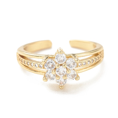 Clear Cubic Zirconia Flower Open Cuff Ring RJEW-P204-05G-1