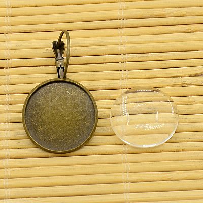 Brass Leverback Hoop Earring Components and Flat Round Transparent Clear Glass Cabochons KK-X0004-NF-1