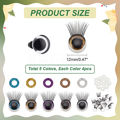 20Pcs 5 Colors Glitter Plastic Doll Craft Eyes with Eyelashes AJEW-PH0011-77-1