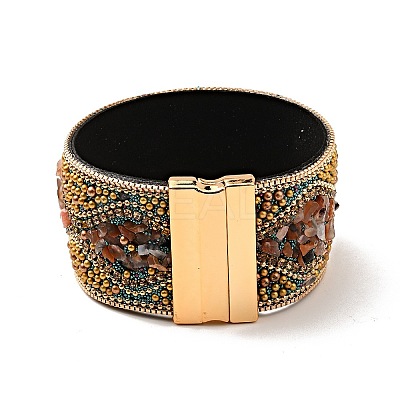 Natural Carnelian Chips & Rhinestone & Alloy Beaded PU Leather Cord Bracelet with Magnetic Clasp BJEW-I305-01E-1-1