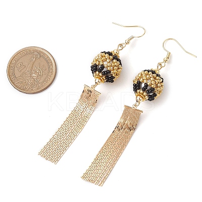 Glass Seed Beads & Brass Tassel Dangle Earrings EJEW-MZ00289-1
