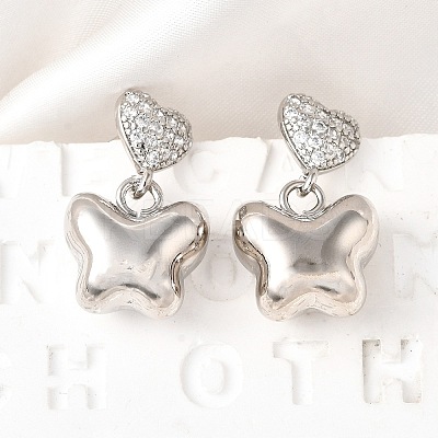 Heart with Butterfly Brass Micro Pave Clear Cubic Zirconia Dangle Stud Earrings EJEW-Z099-01P-1