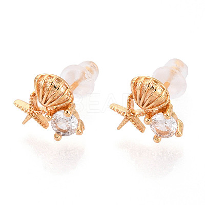 Shell Shape & Starfish Brass Micro Pave Clear Cubic Zirconia Stud Earrings EJEW-T047-35G-1