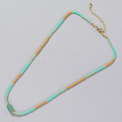 Summer Beach Style Natural Green Aventurine & Colorful Seed Beads Beaded Necklace for Women KD2923-2-1