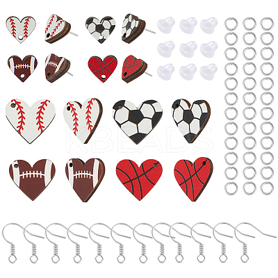 Sport Ball Theme Heart Wood Dangle Earrings DIY Making Kit DIY-SC0024-94-1