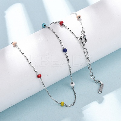 304 Stainless Steel Enamel Rondelle Bead Cable Chain Necklaces for Women NJEW-G190-01P-1