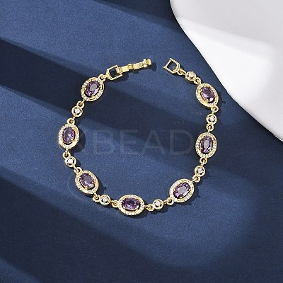 Oval Brass Micro Pave Cubic Zirconia Link Chain Bracelets for Women BJEW-D387-04G-1