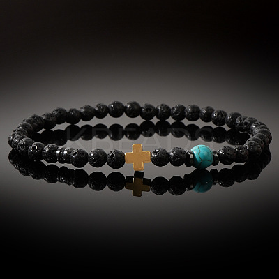 Natural Lava Rock & Synthetic Turquoise Round & Synthetic Non-magnetic Hematite Corss Beaded Stretch Bracelets SL0705-1