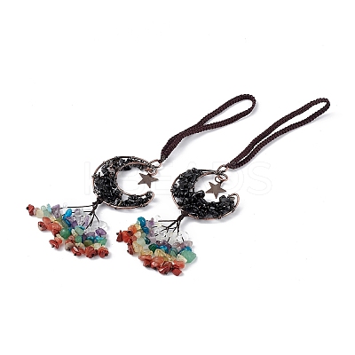Natural Dyed & Heated Black Agate Moon with Mixed Gemstone Chips Tassel Pendant Decorations G-L524-07R-A01-1