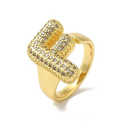 Letter Brass Micro Pave Clear Cubic Zirconia Open Cuff Ring for Women RJEW-N046-03F-G-1