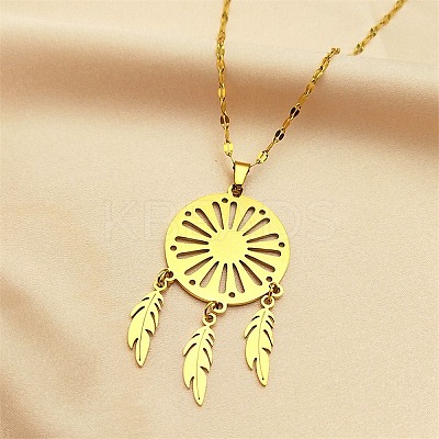 Woven Net/Web with Feather 201 Stainless Steel Boho Pendant Necklaces for Women NJEW-G087-05G-1