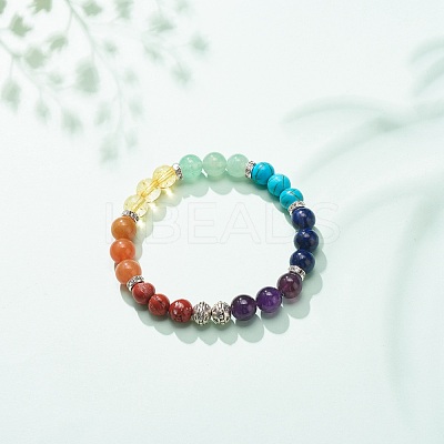Natural & Synthetic Mixed Stone & Alloy Round Beaded Stretch Bracelet BJEW-JB08572-1
