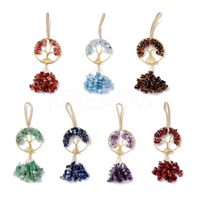 Wire Wrapped Chips Natural Mixed Stone Big Pendant Decorations HJEW-H057-03-1