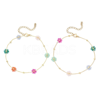 Brass & Glass Beaded Flower Link Chains Anklets AJEW-AN00730-1