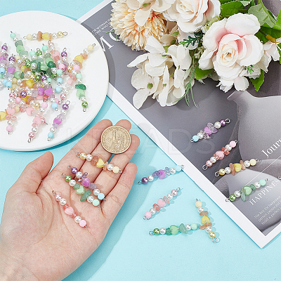 Natural Green Aventurine & Natural Sunstone & Natural Ametrine & Cherry Quartz Glass Chip & Acrylic Heart & Imitation Round Pearl Beaded Connector Charms PALLOY-GO00061-1