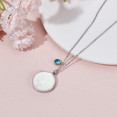 Stainless Steel Pave Natural White Shell Flat Round Magnetic Locket Pendant Necklaces for Women NJEW-NB00013-1
