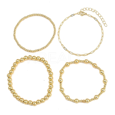 4Pcs 4 Styles Brass Round Beads Stretch Bracelets & Chain Bracelets for Women BJEW-D357-05G-1