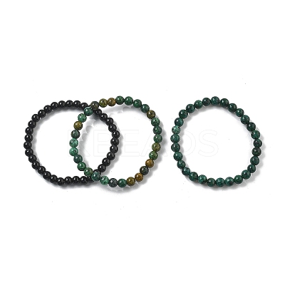 3Pcs 3 Style Natural African Turquoise(Jasper) & Black Agate Round Beaded Stretch Bracelets Set PW23030764297-1