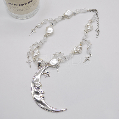 Moon Star Alloy & Silver Color Plastic Imitation Pearl Big Pendant Necklaces for Women FS-WG21961-01-1