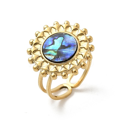 Flat Round 304 Stainless Steel Paua Shell Finger Rings for Women RJEW-G346-08G-01-1