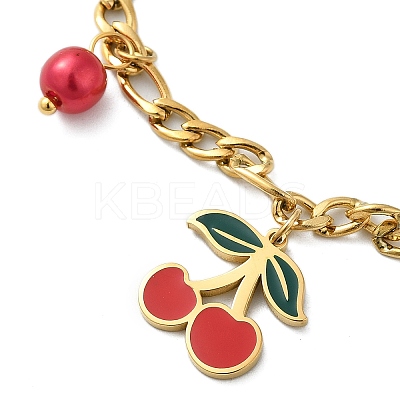 304 Stainless Steel Enamel Cherry Charm Bracelets BJEW-M095-01G-1