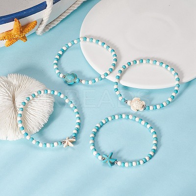 4Pcs 4 Style Dyed Synthetic Turquoise Starfish & Turtle Beaded Stretch Bracelets Set for Women BJEW-JB09337-1