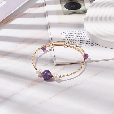 Natural Amethyst & Pearl Round Beaded Bangle BJEW-JB08464-03-1