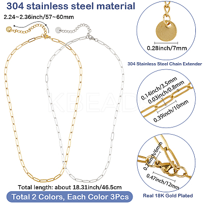 6Pcs 2 Colors 304 Stainless Steel Paperclip Chain Necklaces NJEW-SC0001-58B-1