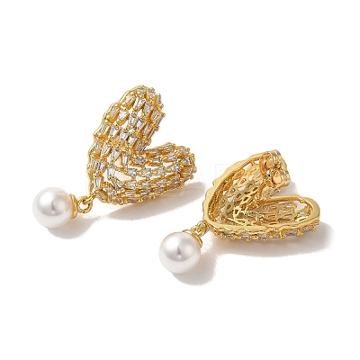 Rack Plating Brass Micro Pave Clear Cubic Zirconia & ABS Plastic Pearl Dangle Stud Earrings for Women EJEW-G403-10G-1