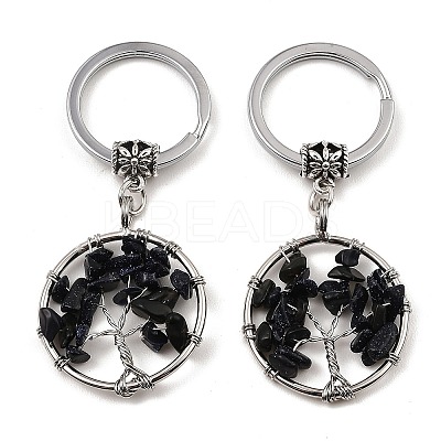 Synthetic Blue Goldstone Flat Round with Tree of Life Pendant Keychain KEYC-E023-03X-1
