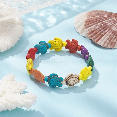 Dyed Synthetic Turquoise Sea Turtle Beaded Stretch Bracelet for Women BJEW-JB09396-1