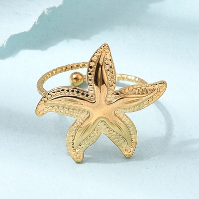 Starfish 304 Stainless Steel Cuff Open Rings for Women RJEW-A105-01G-1